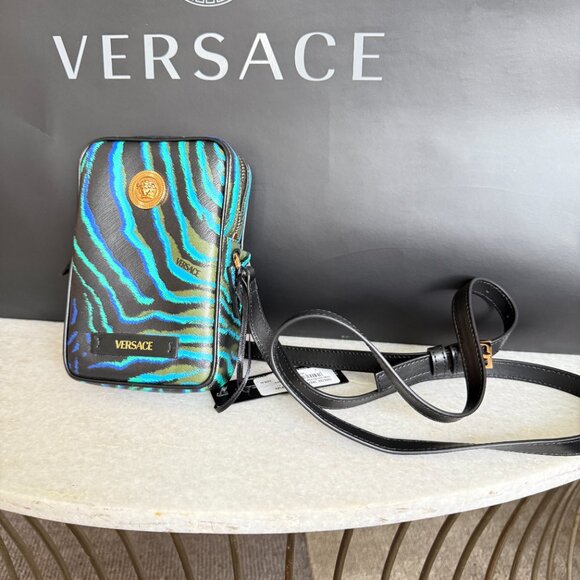 Versace Medusa Printed Calf Leather Tiger Blue/Black 100792 Phone case Bag - Picture 9 of 16
